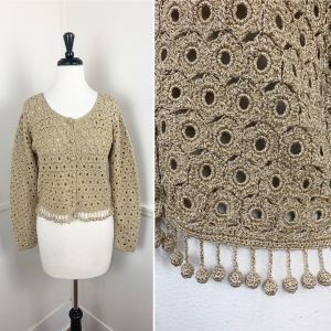 1990's Vintage Gold Metallic Lurex Crochet Cropped Cardigan | Martha Abraham | Best fit Small | Bust