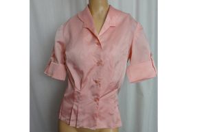 Vintage 1950s Shimmery Cold Rayon Pink Shirt Short Sleeve Rockabilly Secretary Blouse | 39'' Bust