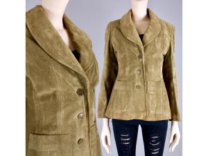 Vintage 1970s Olive Green Suede Simple Mod Jacket Fitted Tailored Leather | S