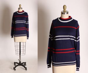 1960s Navy Blue, Red and White Long Sleeve Striped Pullover Acrylic Sweater by Miss Erika Inc. - S/M