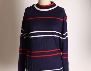 1960s Navy Blue, Red and White Long Sleeve Striped Pullover Acrylic Sweater by Miss Erika Inc. - S/M - Fashionconstellate.com