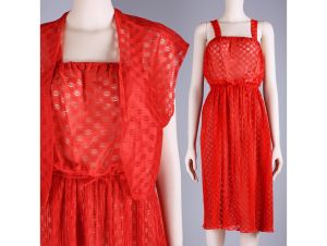 M/L Vintage 1970s Sheer Lace Dress Set Red Pleated Bolero Summer Sundress 