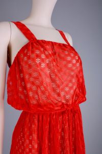 M/L Vintage 1970s Sheer Lace Dress Set Red Pleated Bolero Summer Sundress  - Fashionconstellate.com