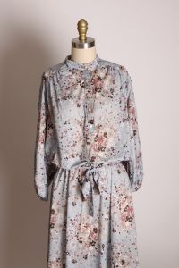 1970s Light Blue and Brown Half Sleeve Floral Print Boho Dress - L - Fashionconstellate.com