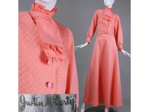 L Vintage 1960s Justin McCarty Coral Maxi Dress Skirt Vest Shirt 3 piece Set Ascot