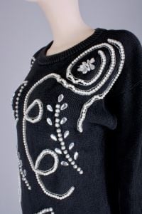 Vintage 1980s Black Abstract Pearl Jewel Long Sweater New Wave Cozy | S/M - Fashionconstellate.com