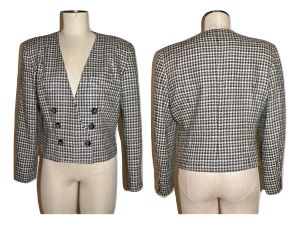 80s Houndstooth TWEED Blazer|Black & Off White Cropped Double Breasted|Liz Claiborne|Wool Blend| S/M