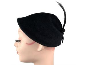 Vintage 40s Black Wool Fairfield Felt for Neumann Endler Feather Capulet Hat