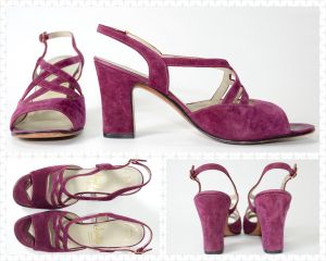 1970s True Vintage Chunky Purple Suede High Heel Sandals by Amalfi | 7N | 9 3/8'' L X 2 15/16'' W