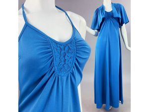 XS/S Vintage 1970s Blue Halter Maxi Dress Set w/Cape Cocktail Summer