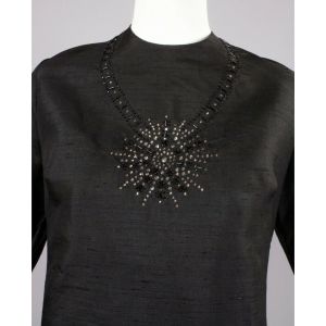 Plus Vintage 50s ADELAAR Silk Blouse Black Dupioni Rhinestone Long Sleeve Top | L/XL - Fashionconstellate.com