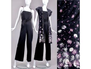 S/M Vintage 1970s Black Purple Summer Wide Leg Jumpsuit Set w/Floral Jacket