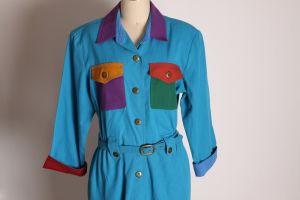1980s Blue, Red, Green, Orange and Purple 3/4 Length Sleeve Button Up Color Block Belted Dress - Fashionconstellate.com