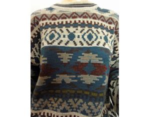 Men's Vintage 70s Ski Sweater Gray Blue Fair Isle Acrylic Pullover by Sears | L/XL - Fashionconstellate.com