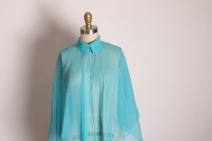 1970s Sheer Blue Organza Hip Length Faux Pearl Beaded Cape - Fashionconstellate.com