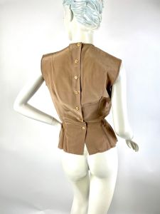 1940s blouse pleated back button brown taffeta Koret California Size S - Fashionconstellate.com