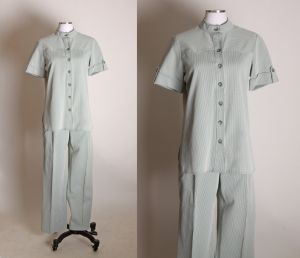 1970s Green & White Striped Double Knit Polyester Two Piece Blouse and Pants Suit