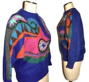 80s Bright Paisley Mohair & Angora Batwing Sweater | Royal Blue with Multi Color Metallic | S/M - Fashionconstellate.com