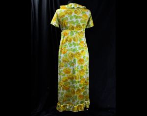 1960s Roses Print Robe - Small Medium Size 8 60s Summer Lingerie - Orange Gold Yellow Green Floral T - Fashionconstellate.com