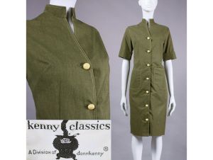 Vintage 1960s Kenny Olive Green Shift Dress Button Up Cotton Pockets Mod | S/M
