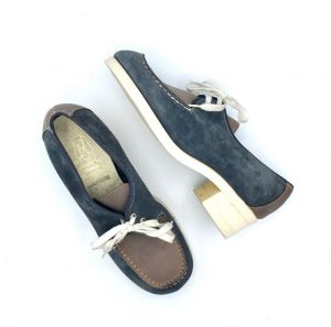 Vintage 1960s Womens Hush Puppies Blue/Beige Faux Leather/Suede Casual Vegan Oxford Walking Shoes