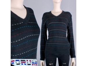 Vintage 1980s Black Spotted Knit Sweater Simple V Neck Thin Nerd Shirt by Forum | S/M