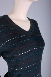Vintage 1980s Black Spotted Knit Sweater Simple V Neck Thin Nerd Shirt by Forum | S/M - Fashionconstellate.com