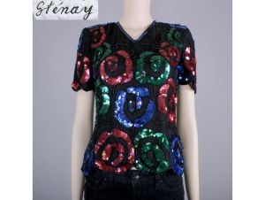 Vintage 1980s Silk Shirt Floral Sequin Top Evening Wear Formal by Stenay | S/PP
