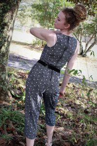 XS-S/ Vintage 90's Jumpsuit with Aboriginal Print, Black and White Abstract Polka Dot - Fashionconstellate.com