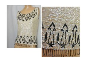 Vintage 1950s Sleeveless Tan Beaded Sweater Shell/Fringed Cream Iridescent Sequins & Black Fringe 