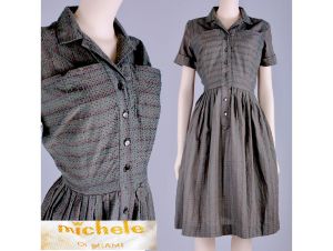 Vintage 1950s Michele of Miami Gray Stripe Cotton Summer Day Dress Pin Up | S