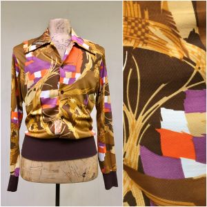 Vintage 1970s Mens Abstract Print Disco Shirt, 70s Earthtone Nylon Roller Boogie Elasticized Shirt