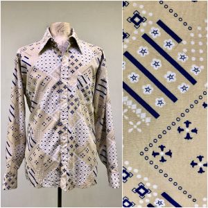 Vintage 1970s Beige Bandana Print Shirt, Arrow Brigade European Taper Fit, Cotton Blend, Extra Large
