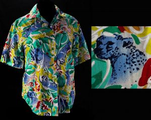 Large 1980s Leopard Cats Shirt - Bright Colorful Novelty Print Short Sleeve Summer Cotton Casual Top