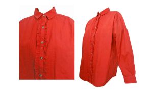 Eddie Bauer Vintage 1980s Blouse Red Cotton Ruffled Tucked Button Front Shirt | L