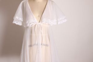 1960s 1970s Sheer White Nylon Butterfly Sleeve Tie Waist Babydoll Nightgown Robe Negligee - M - Fashionconstellate.com