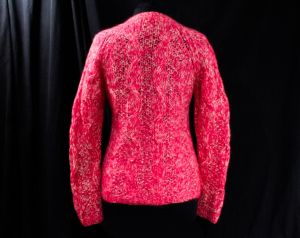 1960s Pink Sweater - Ladies Tangy Berry Mohair Knit Pullover - Chic Italian 60s V Neck Cable Knit - Fashionconstellate.com