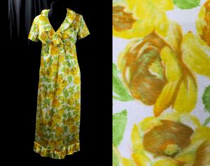 1960s Roses Print Robe - Small Medium Size 8 60s Summer Lingerie - Orange Gold Yellow Green Floral T