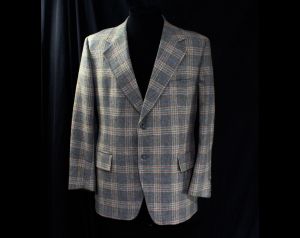 Men's 1970s Pastel Plaid Suit Jacket - Large Nice Quality 70s Gray Wool Tailored Sport Coat - Preppy