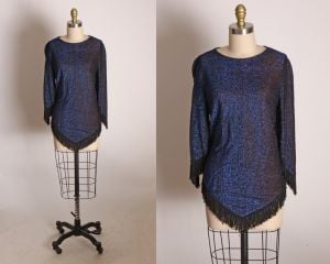 1960s Blue and Black Metallic Lurex Woven 3/4 Length Sleeve Fringe Shirt Blouse - M
