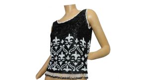 Vintage 1960s Beaded Sweater Shell/Black and White Sleeveless Tank Top w/Fringe by Mays