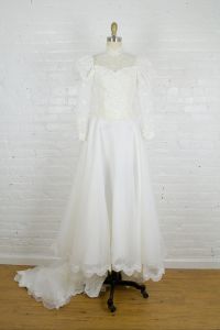 1980s Victorian style sequined lace wedding gown with puff sleeves and train . xsmall pettite - Fashionconstellate.com