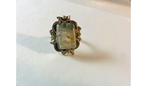Vintage Semi Precious Stone Statement Ring 925 Sterling Silver with Green Gray Gem Native American