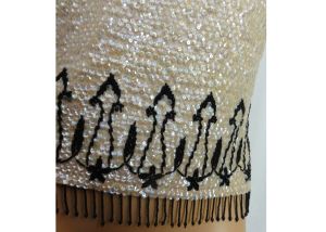 Vintage 1950s Sleeveless Tan Beaded Sweater Shell/Fringed Cream Iridescent Sequins & Black Fringe  - Fashionconstellate.com