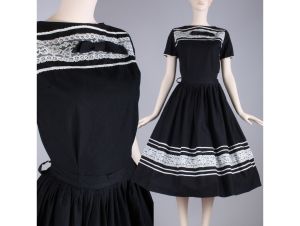 Vintage 1950s Black & White Prairie Full Swing Dance Patio Dress Skirt Top Set |XS/S