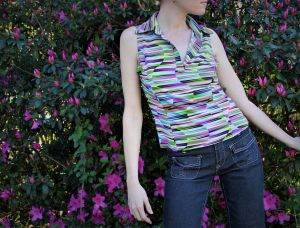 M/ Trippy Vintage Shirt, Wavy Striped Tank Top, Multicolor Sleeveless Collared Shirt, Luly K Psyched
