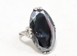 Sterling Ring - Silver & Antique Style Hematite Stone - Mirror Like Mercury Gray Cabochon - Size 6 