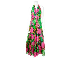 Vintage 1960s Maxi Dress Halter Style Floral Chiffon Garden Party Size M