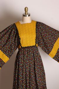 1960s Black & Gold Long Square Bell Sleeve Full Length Floral Cottagecore Prairie Caftan Dress - Fashionconstellate.com