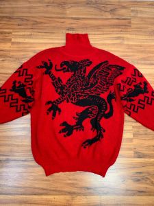 1980's Vintage Red and Black Oversized Turtleneck with Griffon | Wool-Acrylic Blend | Made in Italy - Fashionconstellate.com
